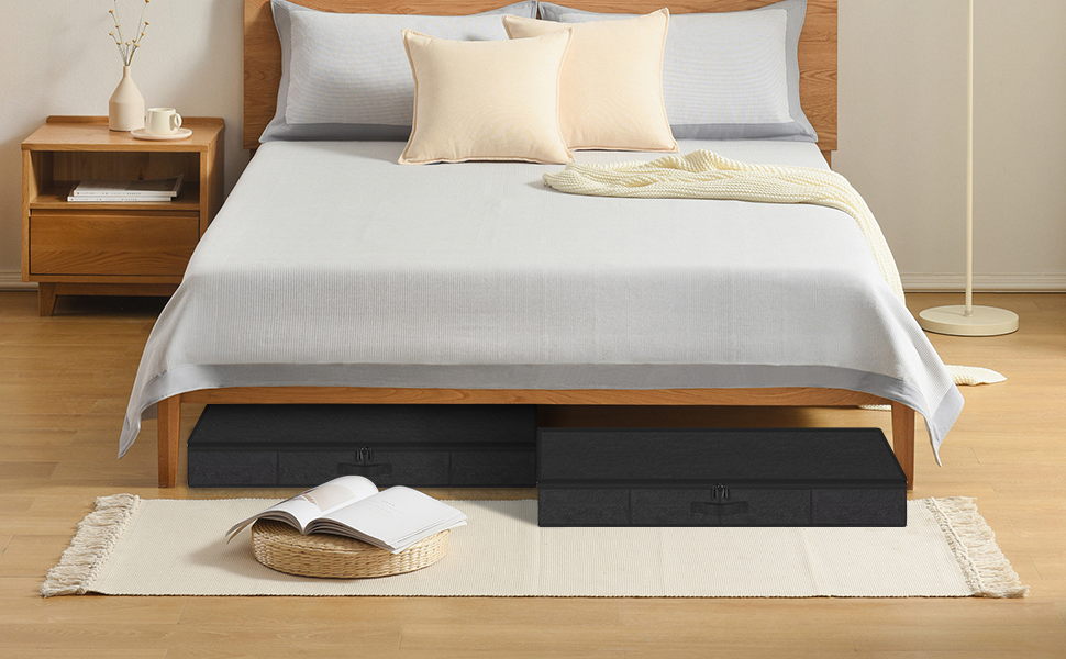 Коробки для зберігання під ліжко з кришкою, 12 см, 2 шт., складні, для одягу та ковдр, чорні