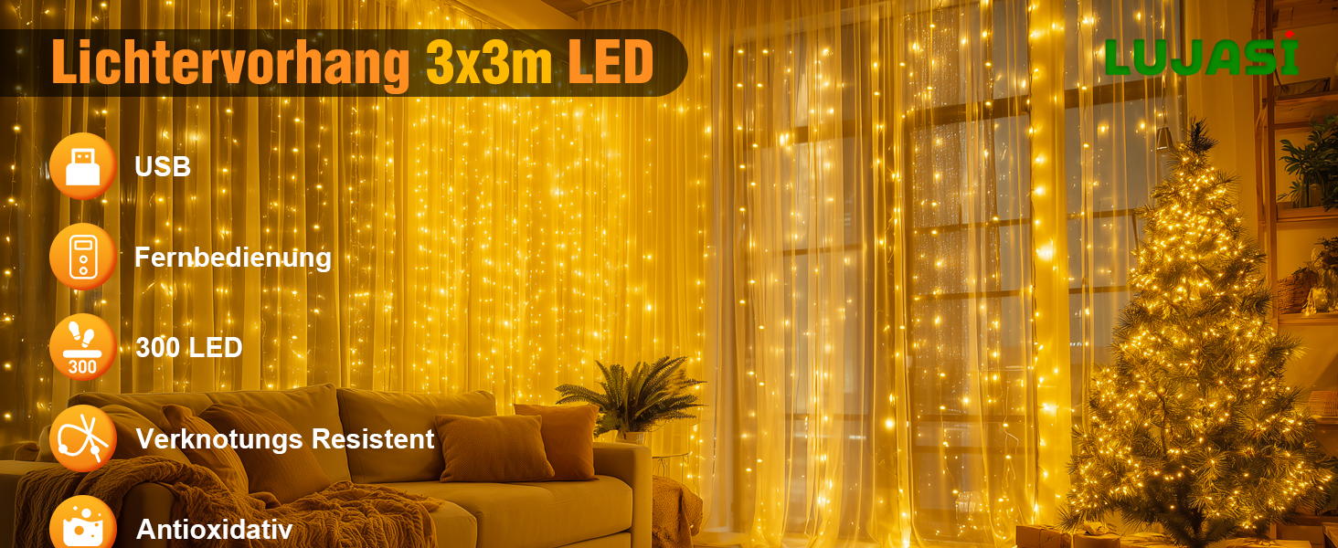 Льодовиковий штор LED 3x3м, 300 LED, з пульт, 10 гачків, USB, для декору, вікна, кімната, балкон, тепле світло, PVC