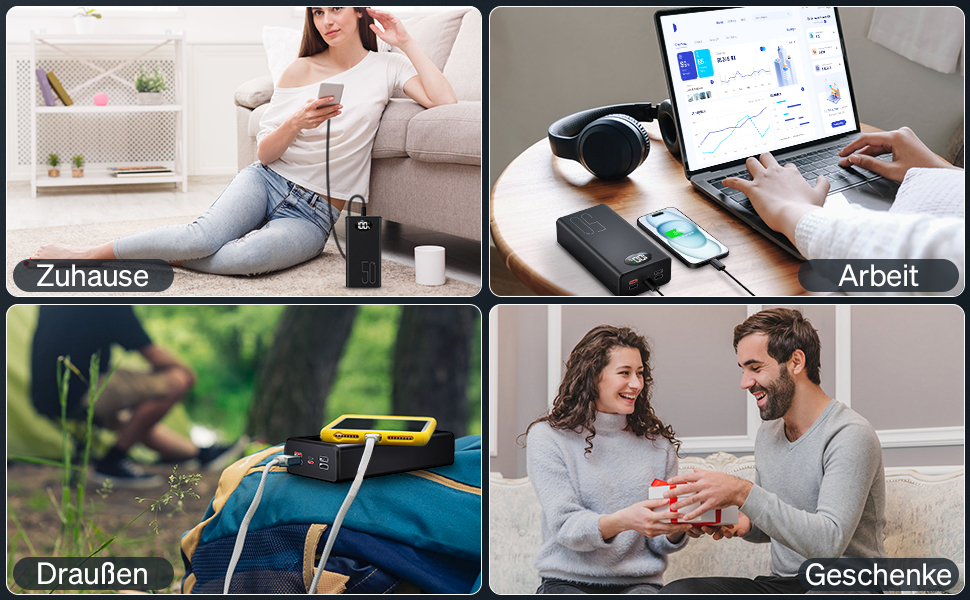 Портативний повербанк 50000 мАг з 5 виходами та 2 входами, швидка зарядка 22,5 Вт, ліхтарик, чорний