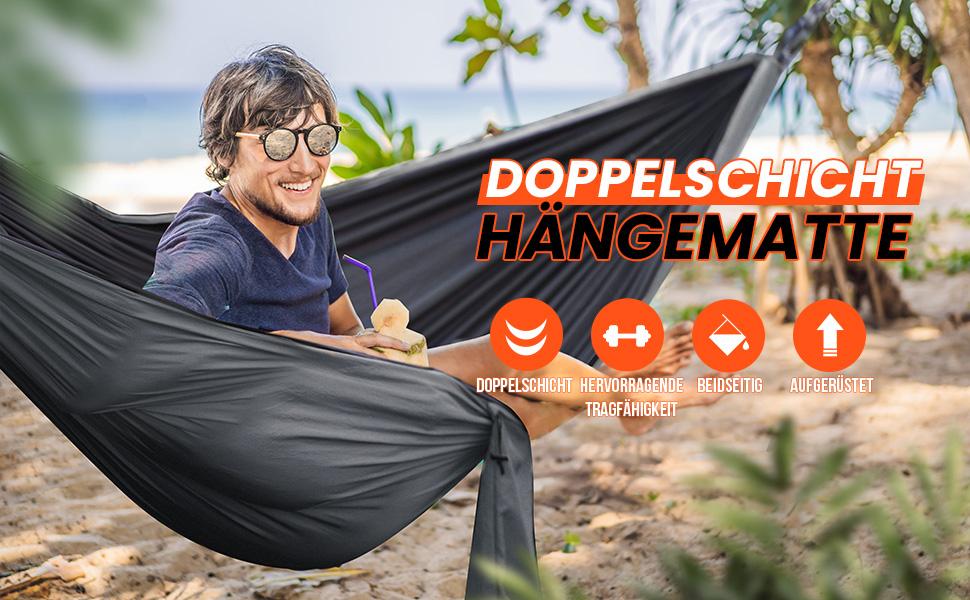 Гамак Overmont двошаровий сертифікований TÜV, 400 кг, 280x185 см, нейлон, для кемпінгу, відпочинку на природі, чорний, темно-сірий