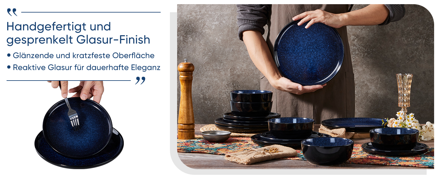 Набір посуду HaWare на 6 осіб, 18 предметів: тарілки з реактивної глазурі, комплект посуду для сервірування столу (Edelblau)