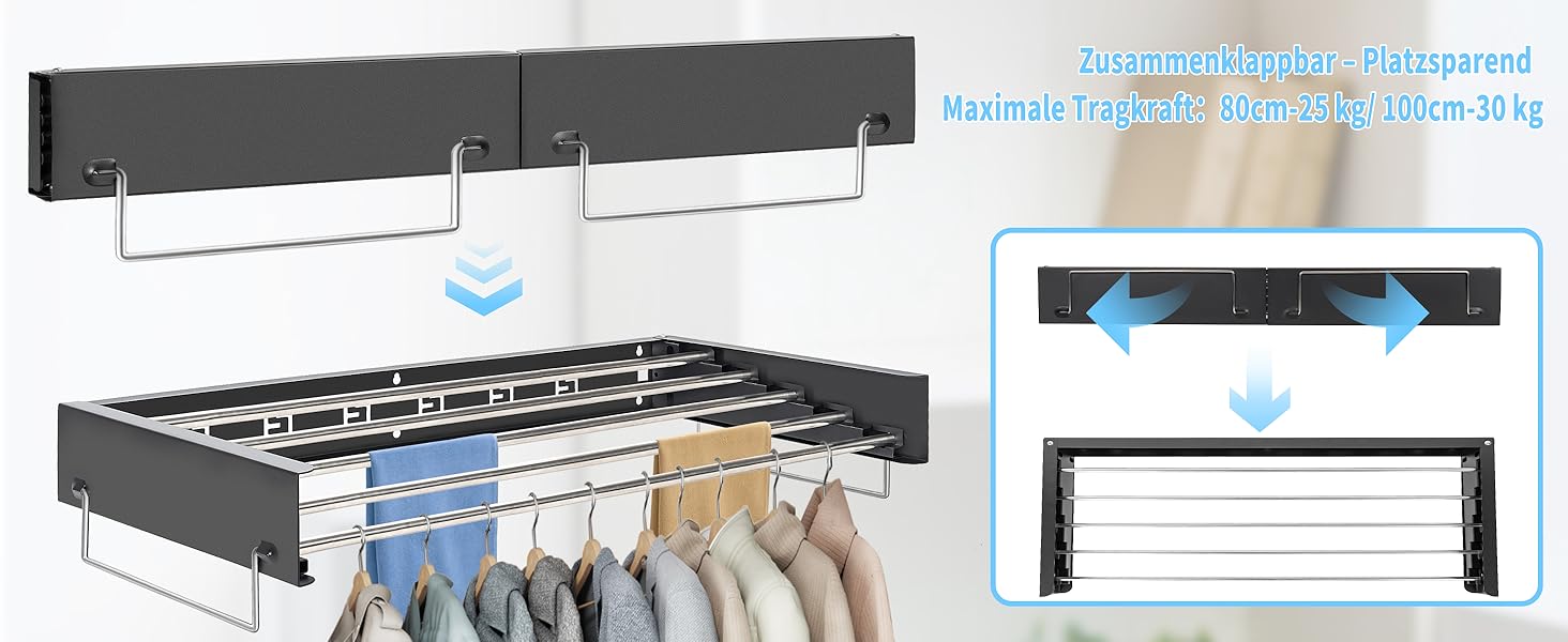 Настінний сушильник для білизни з 80 см штангами, 5 ліній сушіння, розкладний, для дому та вулиці, чорний, 80 см