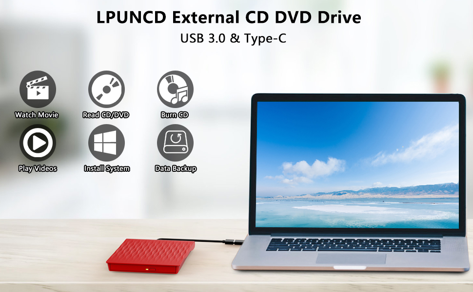 Зовнішній DVD CD привід USB 3.0 та Type-C, записувач CD/DVD +/-RW для ноутбука та ПК, сумісний з Windows, MacOS, Linux (червоний)
