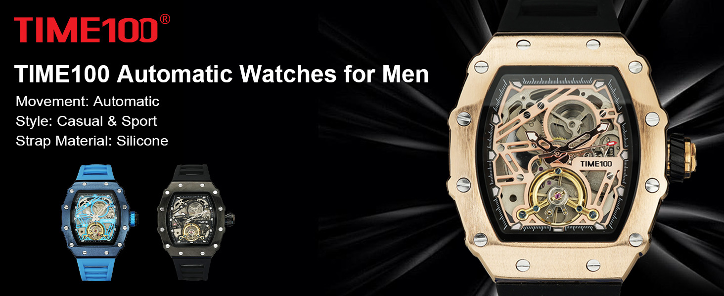 TIME100 Автоматичний годинник для чоловіків: водонепроникний, з підсвічуванням, серія Pilot, Angel Wing, бізнес-стиль, механічний годинник з шкіряним/силіконовим ремінцем, скелетний дизайн (чорний)