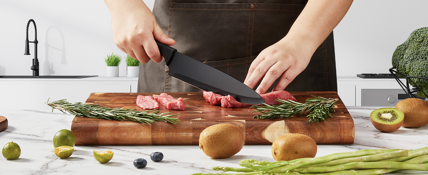 FOHERE 13-Piece Stainless Steel Knife Set with Block & Sharpener - Ergonomic Black Granite Handles