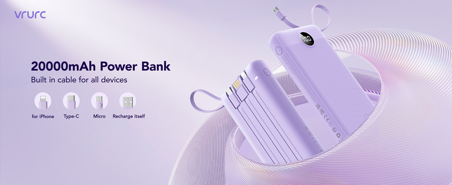 Power Bank VRURC 20000mAh з LED дисплеєм, 22,5W швидка зарядка USB-C, білий/фіолетовий