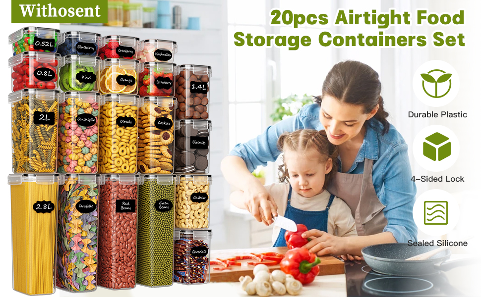 Набір контейнерів для зберігання Withosent 20 шт. з герметичними кришками, 2.8L, 2L, 1.4L, 0.8L, 0.52L - для кухні, круп, мюслі, борошна