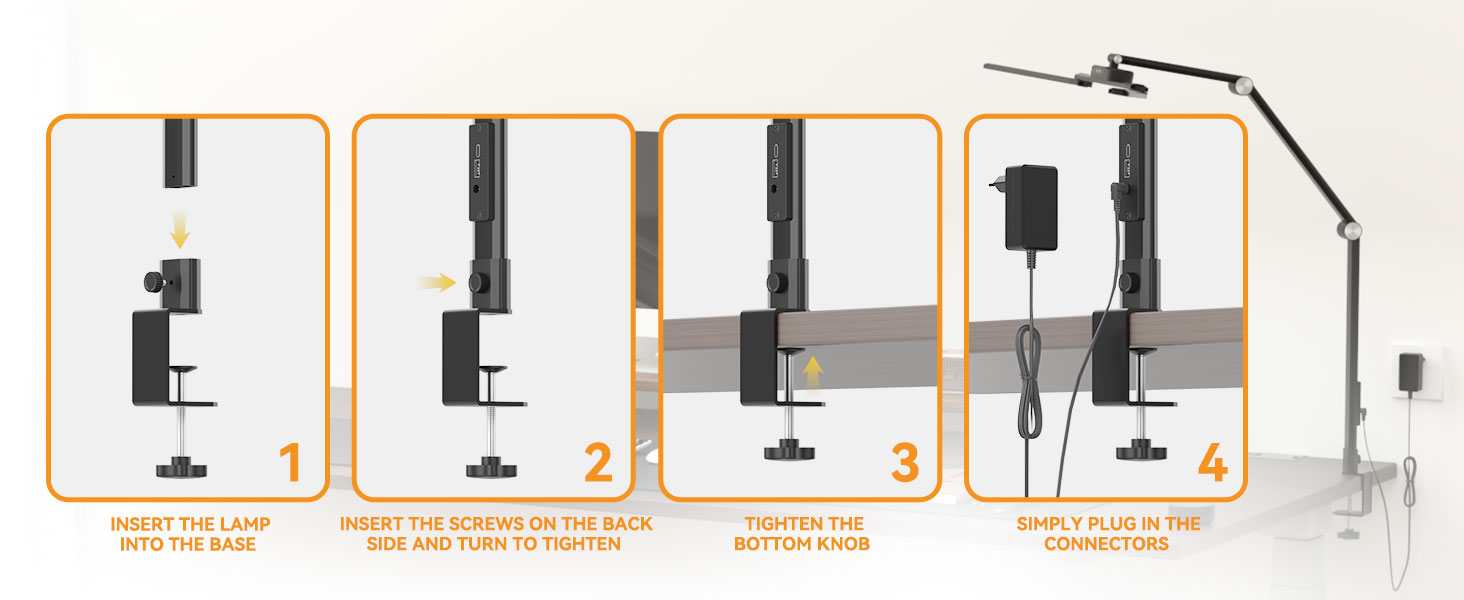 LED лампа для столу Rigors 60 см з двома головками, диммування, 900 лм, денне світло, захист очей, кріплення, 5 кольорів, 10 рівнів яскравості, гнучкий шийка 360°, з адаптером живлення (Th-black)