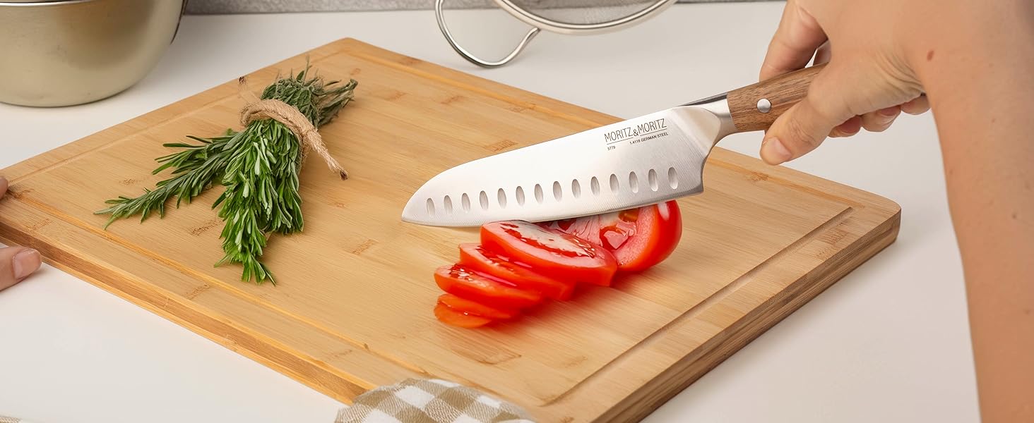 Ніж Santoku Moritz & Moritz 18 см - професійний кухонний ніж у японському стилі з надзвичайно гострою клинком - для м'яса, суші та іншого. Ергономічна ручка з акації. Німецька сталь Santokumesser
