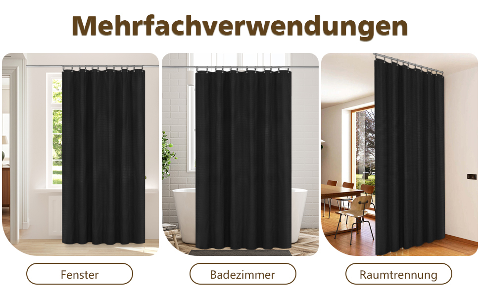 Штора для душу миюча текстильна поліестер 180x180 см чорна з кільцями (1 шт.)