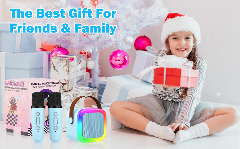 Портативна караоке-машина для дітей та дорослих з 2 бездротовими мікрофонами. Караоке-система з мікрофонами, блакитна. Подарунок для дівчаток віком 4-12 років.