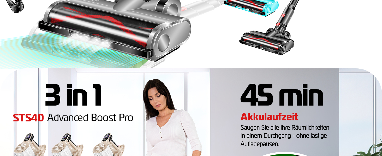 Бездротовий акумуляторний пилосос KESSER® з LED дисплеєм, до 60 хв роботи, тихий, без мішка, з антинамотувальною щіткою, HEPA фільтр, для твердих поверхонь та килимів, з аромадиском, чорний/червоний