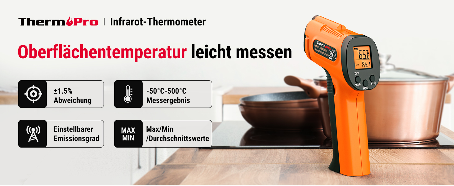 Інфрачервоний термометр ThermoPro TP30 -50°C ~ 550°C, вимірювання температури, лазерний, MAX/MIN/AVG, для клімату, авто, підлоги, °C/°F