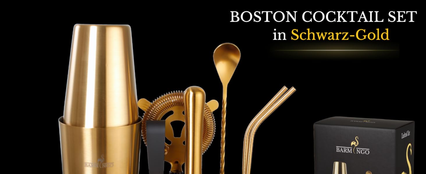 Barmingo Stainless Steel Cocktail Set - 11 Piece Boston Shaker Set with Stand & Bar Accessories | Cocktail Shaker Set, Bartender Set, Bar Set | Black Silver