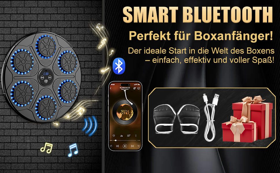 Music Boxing Machine - Home Fitness & Punching Bag with Music & Bluetooth | Includes Boxing Gloves | Ideal for Reflex Training, Kickboxing & Family Activities | Wall Mountable Black