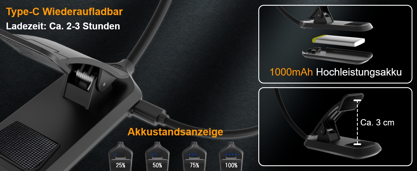 LED лампа для читання з кліпсою, USB перезарядна, 3 режими температури кольору, регульована яскравість, 360° гнучкий світильник для ліжка, столу та подорожей, білий (чорний)