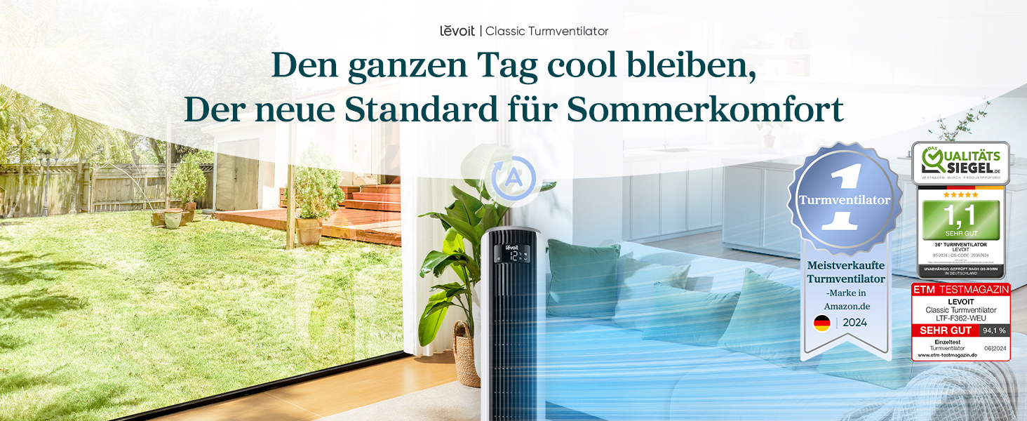 Турбовентилятор Levoit з мотором DC - тихий, 4 режими, таймер 12 годин, пульт керування, швидкість 7.9 м/с, 24W, білий, 92 см