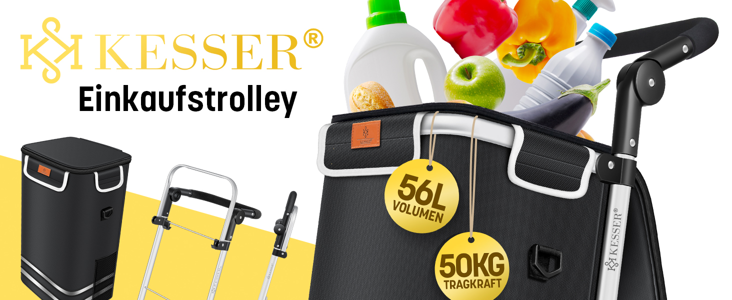 KESSER® Тележка для покупок зі сходами, з термосумкою, 56л, до 50кг | 3в1: тележка, візок, сумка через плече | Чорний