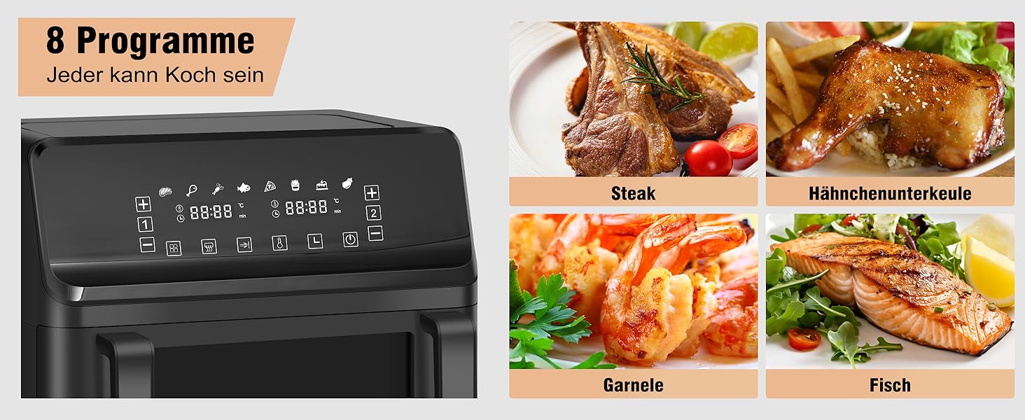 Фритюрниця повітряна LLIVEKIT з 2 камерами та вікном, 4.5л+4.5л, 9-в-1, XXL, без олії, з сенсорним екраном, таймером