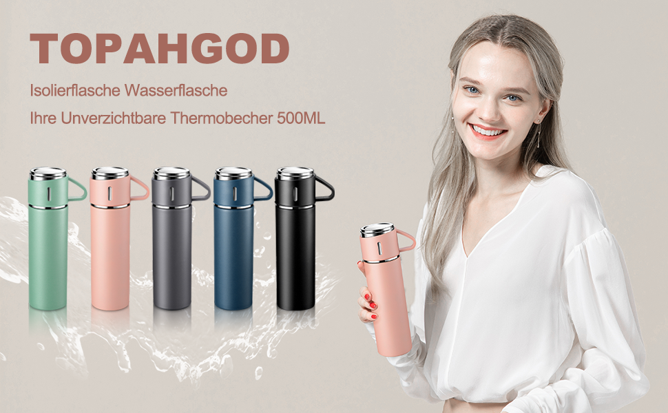 Stainless Steel Thermos Flask with Cup and Handle - 500ml Insulated Travel Mug, Leak-Proof, Double-Walled, Vacuum Insulated, Keeps Hot/Cold for 12 Hours - for Kids, Sports, Travel (Black, Pink)