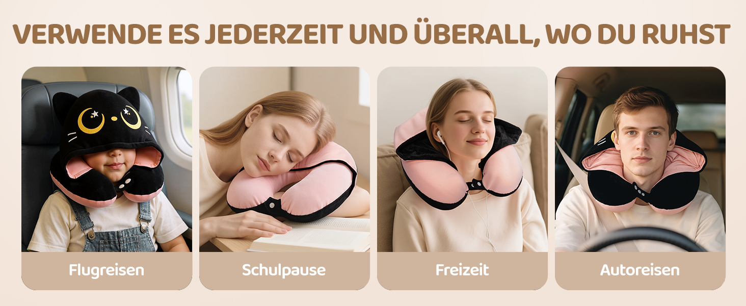 Подушка для шиї Mewaii для подорожей, двостороння подушка для дорослих, подушка для шиї з memory foam для літаків, подушка для шиї з котячою капюшоном, регульований ремінь (Рожева)