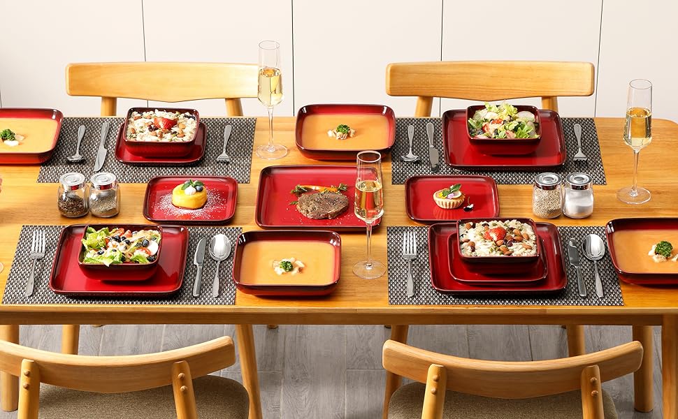 LOVECASA Сервіз Tafelservice Vibri, 16 частин, квадратний сервіз з кераміки для 4 осіб | Тарілки, чашки, десертні тарілки та миски, (Червоний, 16 частин)