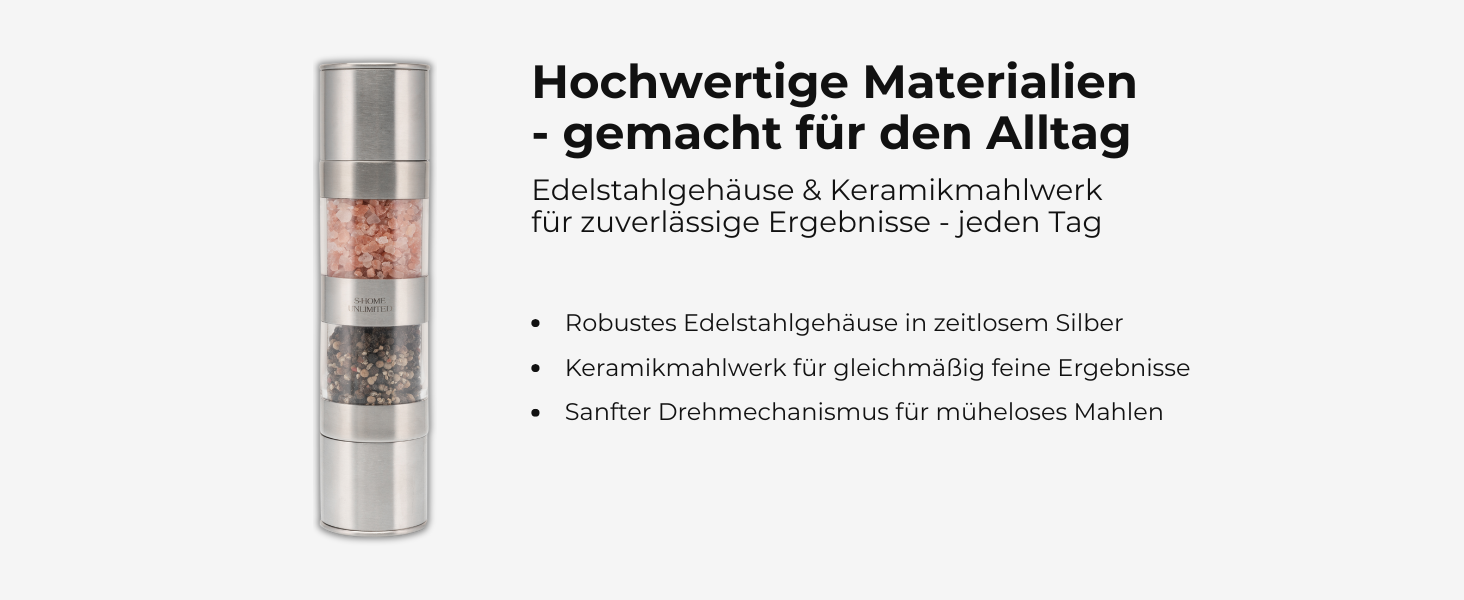 Мельниця для солі та перцю 2-в-1 з нержавіючої сталі | Ручна мельниця для спецій з керамічним жорном та регульованим ступенем помелу