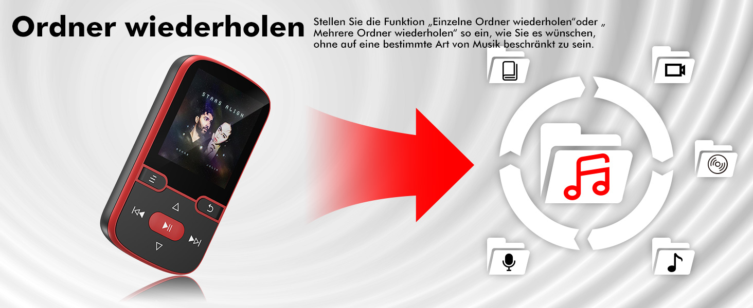 MP3 плеєр 64GB Bluetooth 5.3 з кліпсою, Hi-Fi, для спорту, з FM-радіо, диктофоном, крокоміром, підтримка картки до 128GB, червоний