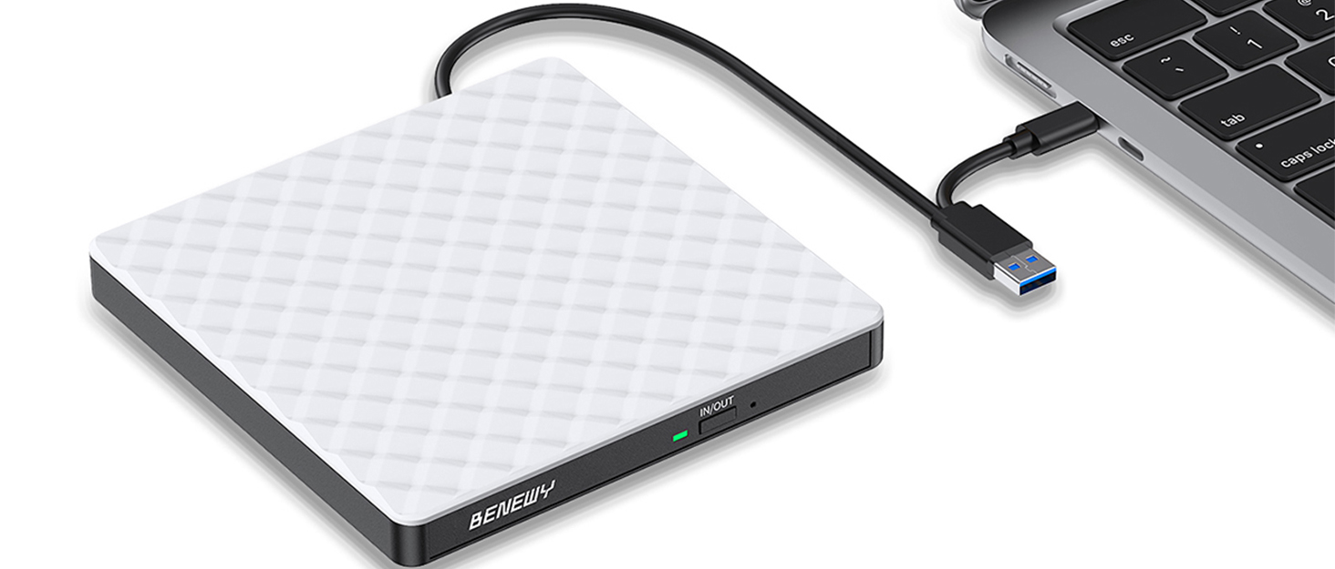 Зовнішній DVD-привід USB 3.0 та USB-C, CD/DVD Brenner для ноутбука та ПК (Windows, macOS, Linux), білий