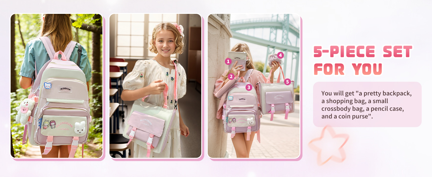 Набір шкільних рюкзаків IvyH 5-ти частинний: рюкзак для дівчинки, сумка для школи, підліткові рюкзаки, рюкзак для дівчаток 3-7 класів, набір шкільних сумок з пеналом та нагрудником, 45 см, рожевий 8583#