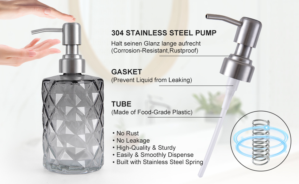 Дозатор мила скляний для ванної кімнати, наповнюваний помповий дозатор для кухні з нержавіючим тримачем, 2 підставки, 330 мл, вінтажний дозатор мила з матовим насосом (сірий)