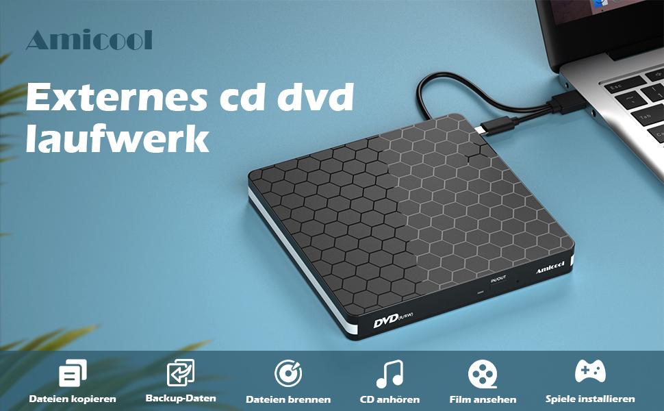 Зовнішній DVD-накопичувач Amicool USB 3.0 та Type-C, портативний CD/DVD +/-RW привід для ноутбука, ПК та MacBook (Windows, macOS, Linux)