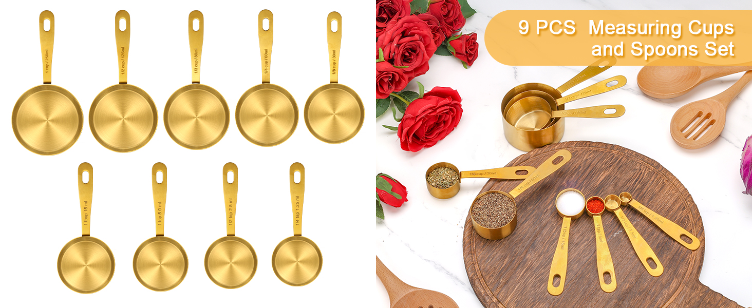 Набір мірних стаканів та ложок Cuteefun Gold, 13 предметів, нержавіюча сталь: мірний стакан 5 чашок, 8 магнітних ложок з рівнем для вимірювання сухих та рідких інгредієнтів для випічки та приготування їжі