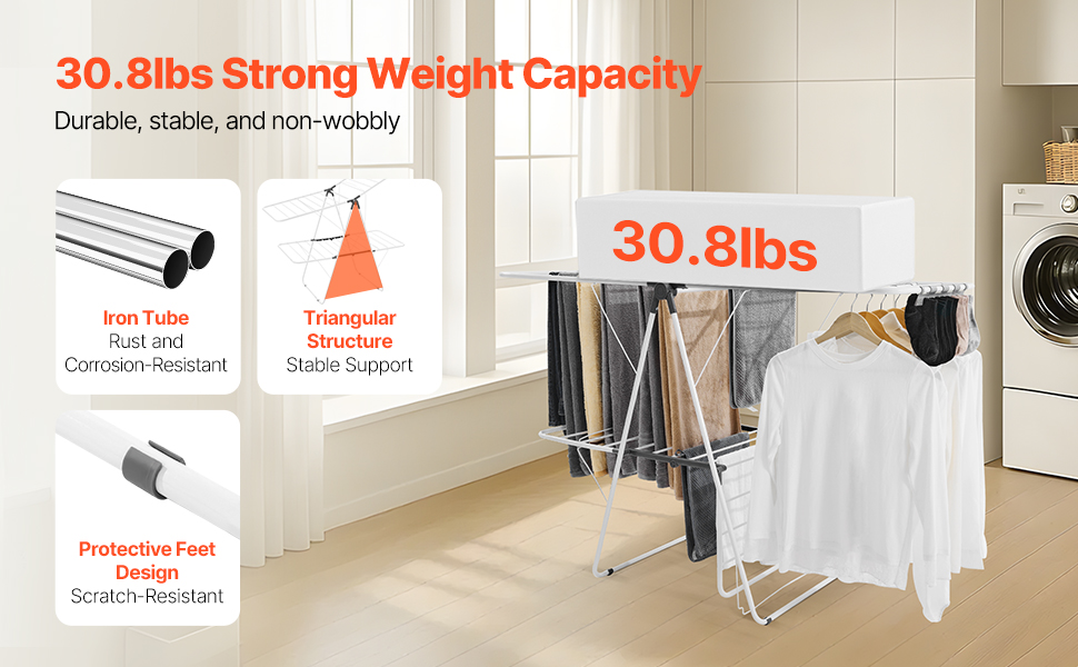 Сушарка для білизни VEVOR 2-ярусна розкладна з прищіпками та 31 вішалкою, регульована по висоті, металева, для ванної, балкону, 1470 x 600 x 1000 мм