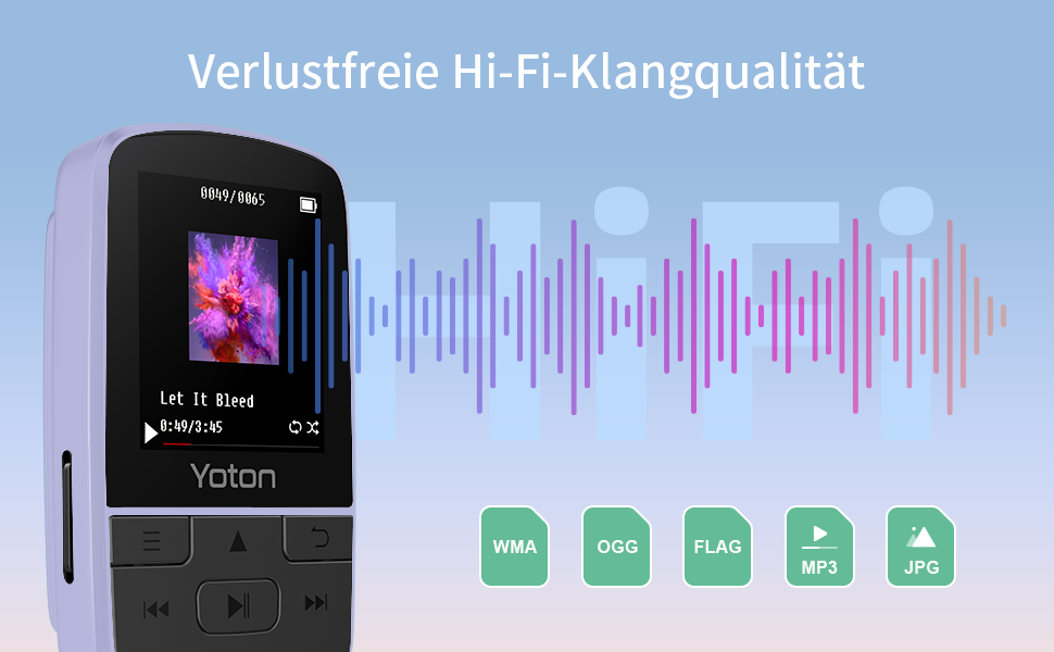MP3-плеєр YOTON з Bluetooth 5.2, Hi-Fi звук, FM-радіо, диктофон, регулятор гучності, навушники, підтримка SD до 128 ГБ, фіолетовий