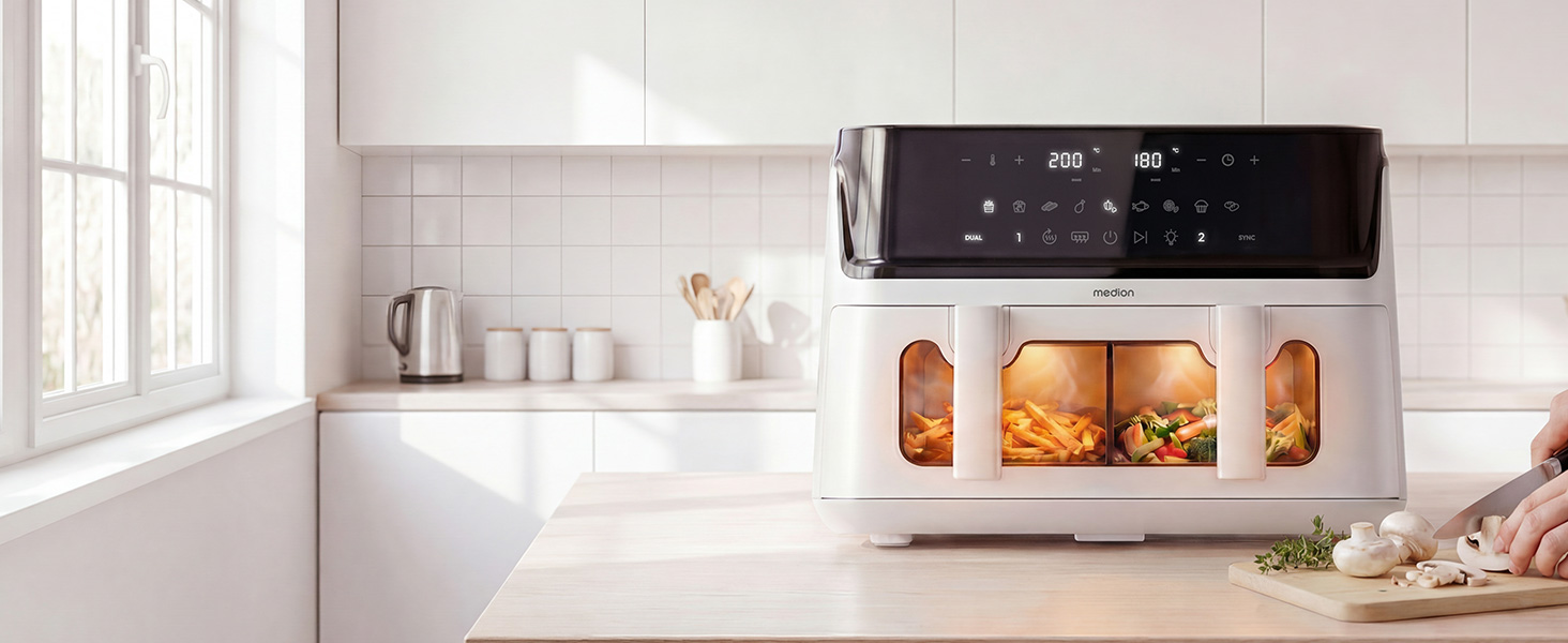 Аерофритюрниця з двома камерами MEDION P25 XXL Flex M, 10.8 л, без PFAS, біла