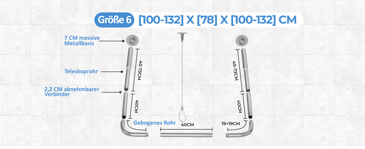 Регульована душова штанга U-подібної/L-подібної форми, 60-92 x 78-196 x 60-92 см, з 12 кільцями для шторки та підпоркою для стелі, для ванни/ванної кімнати, срібна