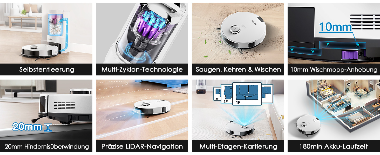 Робот-пилосос EUREKA E10s 2.Gen з вологою тканиною + станція самоочищення (4000Pa, автовизначення килима, підйом мопа, LiDAR-навігація, для видалення шерсті тварин, керування через додаток/голос) (білий)