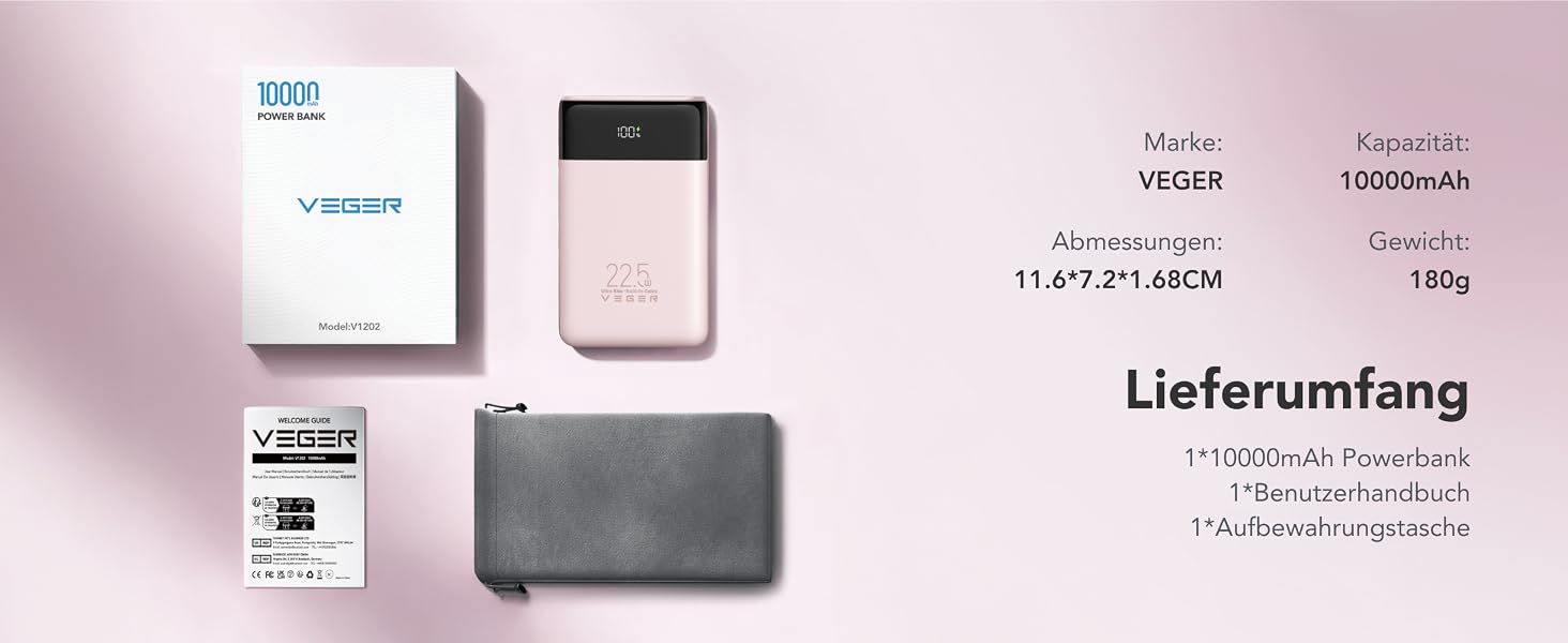 Повербанк VEGER 10000mAh 22.5W з вбудованим кабелем USB-C, рожевий
