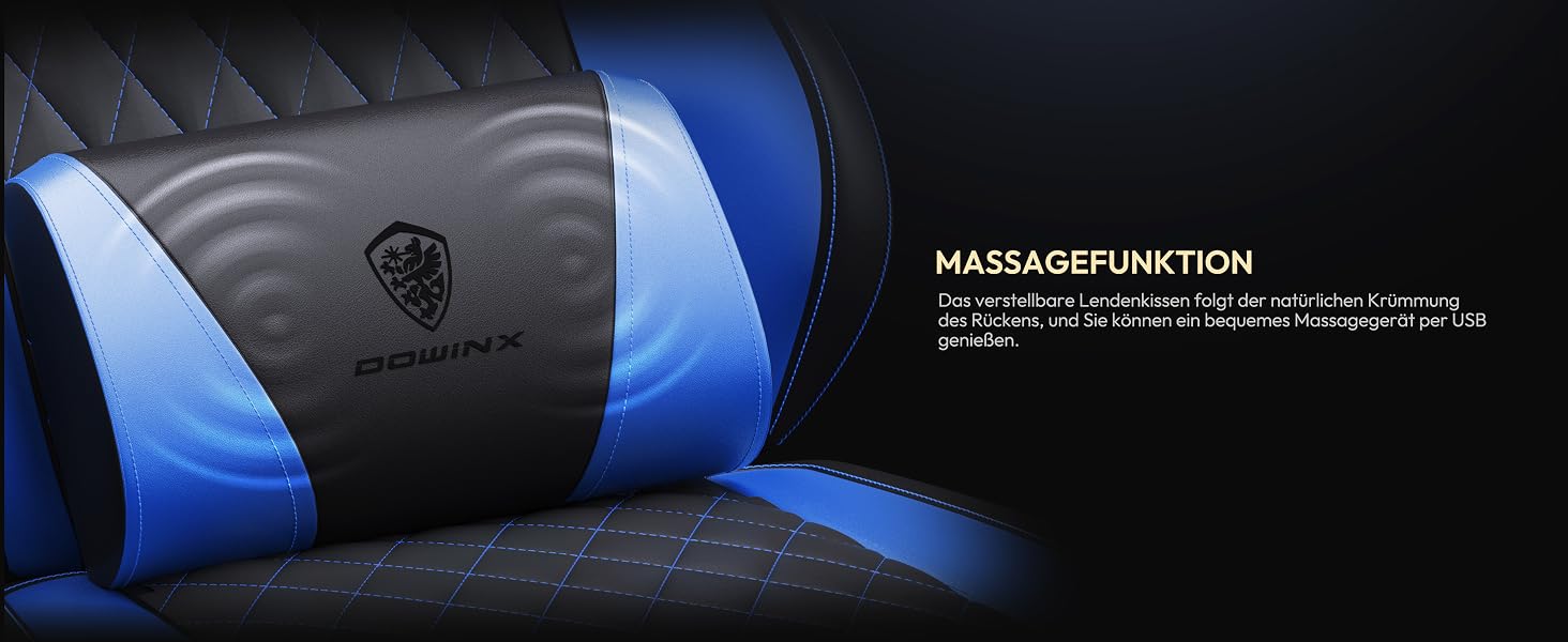 Геймерське крісло Dowinx Racing з підтримкою попереку, шкіра PU, до 150 кг, чорно-синій