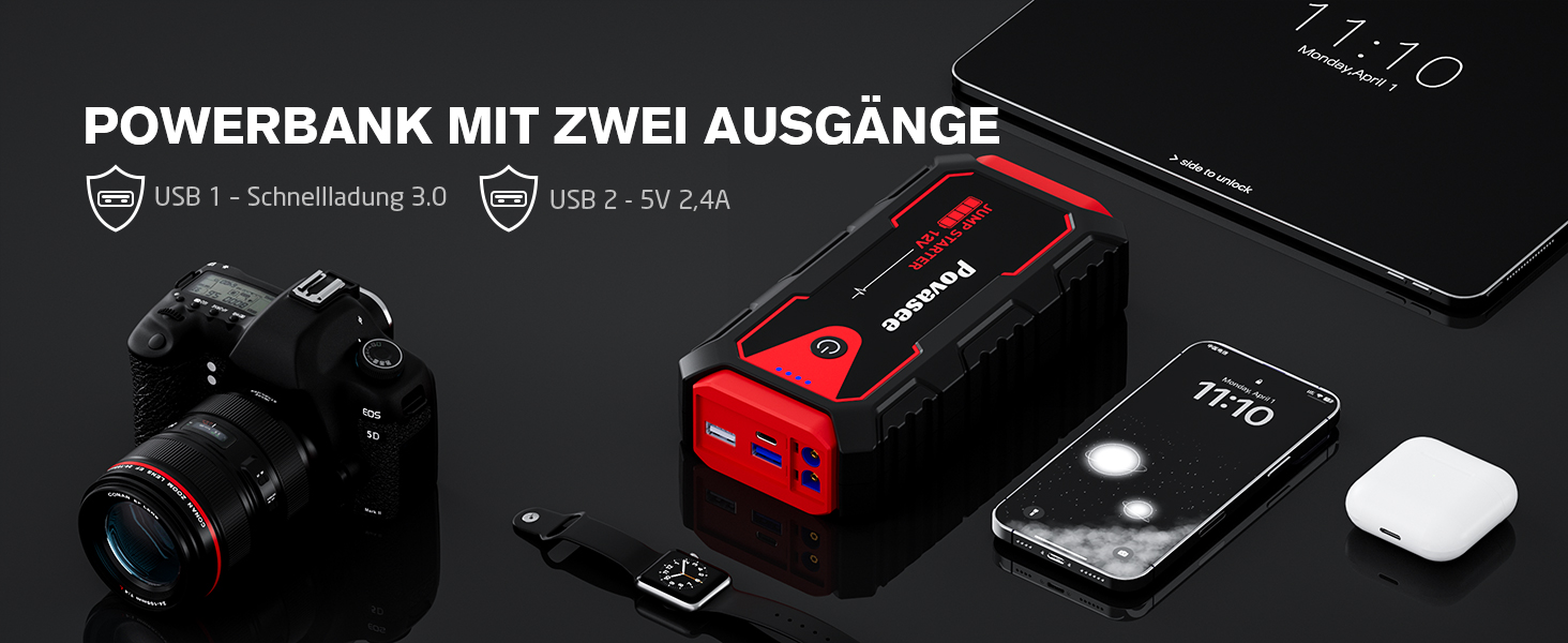 Портативний пусковий пристрій Povasee Starthilfe Powerbank: 5000A для 12V авто (до 10л бензину/8л дизеля), з LED, 2 USB, кабель для підключення