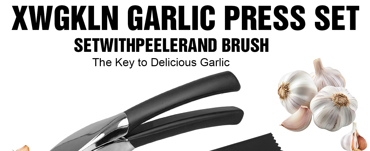 Прес для часнику з нержавіючої сталі - багатофункціональний прес для часнику з силіконовим очищувачем та щіткою для чищення. Прес для часнику, придатний для миття в посудомийній машині. Чорний + срібний