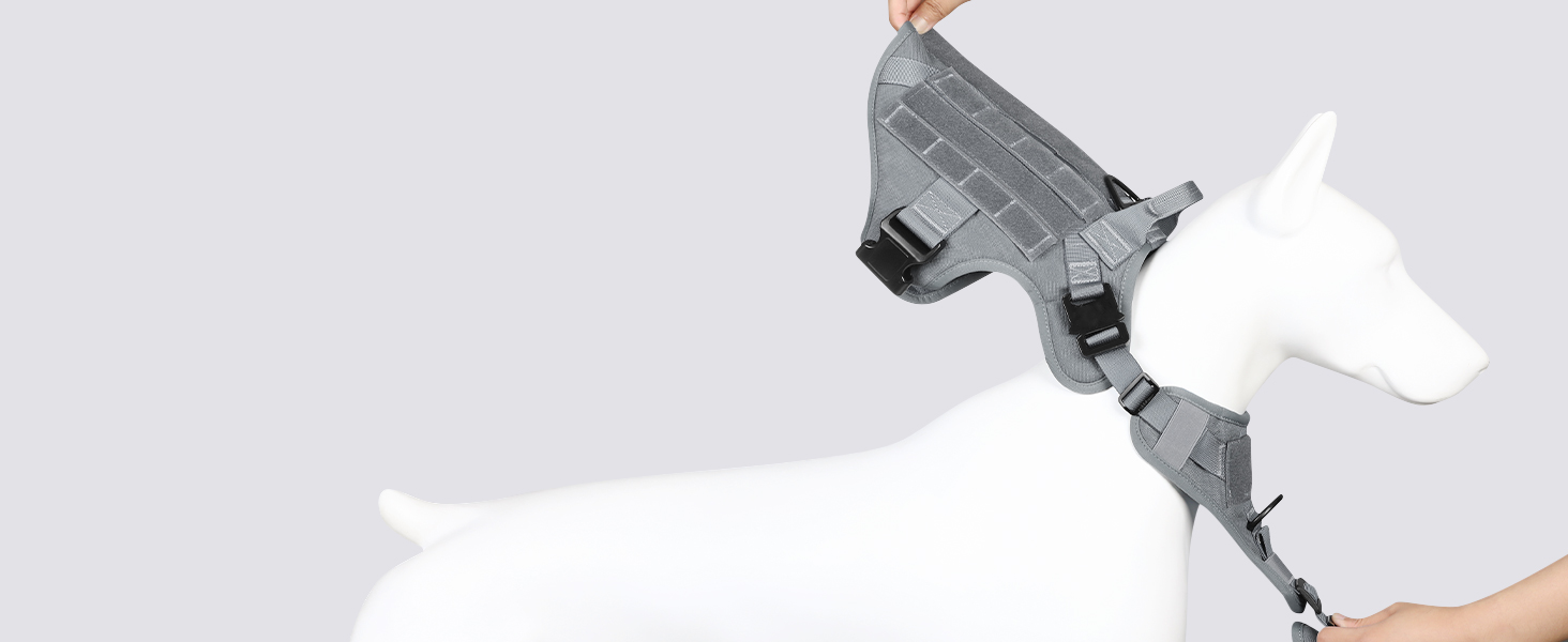 Шлейка для собак Rabbitgoo для великих собак без натягу, тактична, з MOLLE, металеві пряжки, дихаюча, військова, регульована, з підкладкою, L (1 шт., сіра)