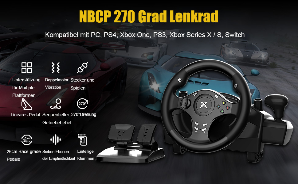 Ігрове кермо NBCP R270 з педалями: 270°, вібрація, сумісність з PC, PS3, PS4, Xbox One, Xbox Series X/S, Nintendo Switch – для гоночних ігор