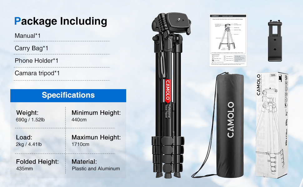Штатив для камери CAMOLO 67' з сумкою: для фото та відеозйомки, YouTube, Vlogging, DSLR, Android, iPhone