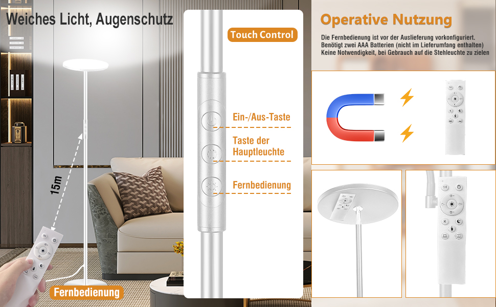 Стельова LED-лампа для вітальні Stehlampe Wohnzimmer: 4200LM, регулювання яскравості, пульт та сенсорне управління, 36W, тепле/холодне світло