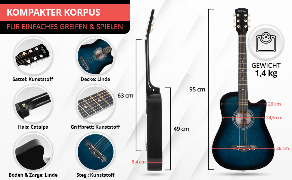 Rocktile WSD-5C-BUB: Акустична гітара Вестерн Slim Line - Комплект з чохлом, струнами, ремінком та медіатором - Blueburst