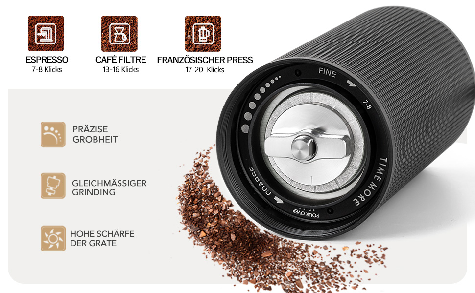 Ручна кавомолка TIMEMORE Chestnut C3s PRO з нержавіючої сталі, для еспресо та френч-прес, чорна