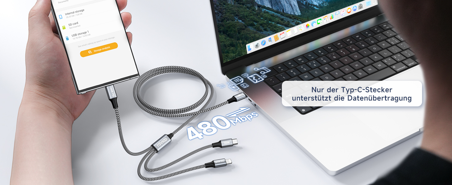 Кабель RAVIAD 100W USB-C 3-в-1 (1.2м) з E-Mark для iPhone, Galaxy, MacBook