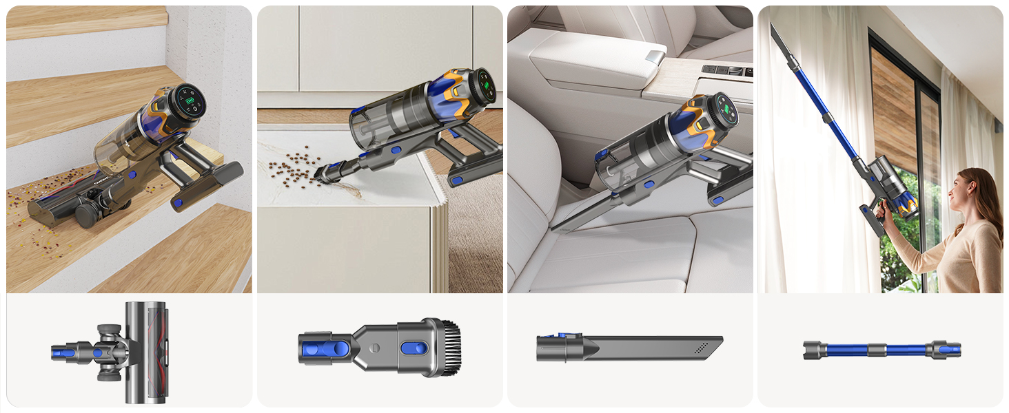 Бездротовий акумуляторний пилосос 45000 Па/550 Вт/65 хв, об'єм 1,6 л з дисплеєм, антизаплутувальною насадкою, самостійне стояння, док-станція на стіні, 8-шарова фільтрація, тиха робота, для шерсті тварин/килимів/твердих підлог/автомобіля, блакитний